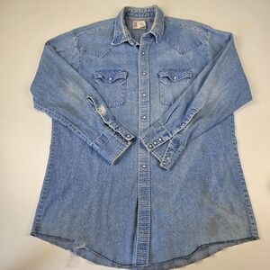 VTG Saddle King Western Shirt Mens XL Blue Denim Pearl Snap Long Sleeve Cowboy